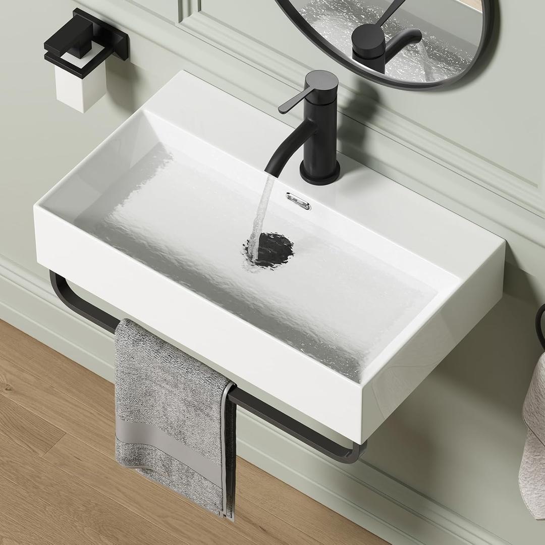 Wall Mount Rectangular Vessel Sink with Towel Rack, QISHKA 24"x14" Modern Ceramic Bathroom Floating Sink, White Rectangle Vanity Sink with Overflow, Wall Hung Wash Hand Basin, 24" x 14.2" x 5.1"