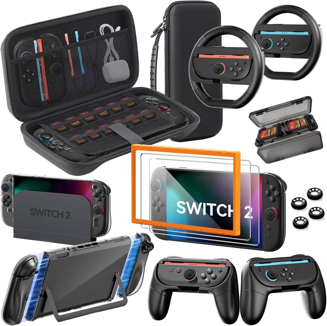 Switch 2 Accessories Bundle for Nintendo, 16-in-1 Game Kit: Carrying Case, Screen Protectors with Alignment Frame, Steering Wheels, Grips for Joycon Controller, Dockable Console Protective Cover Shell (Black (No Controller))