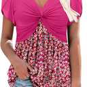 ONLYSHE Womens V Neck Shirts Short Sleeve Tops Front Knotted T Shirt Casual Solid&Floral Tunic Summer Henley Tees Blouse (M)