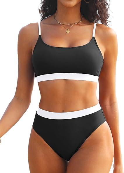Tempt Me Women High Waisted Bikini Set Athletic Two Piece Swimsuits Sporty High Cut Bathing Suit with Scoop Neck, White Black, M