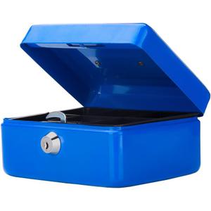 Small Cash Box with Key Lock, Decaller Portable Metal Money Box with Double Layer & 2 Keys for Security, Blue, 6 1/5" x 5" x 3", QH1502XS