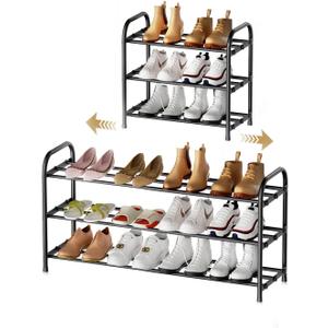 EveClap 3-Tier Expandable Shoe Rack, 17″-31″ Adjustable ShoeRack for Closet, Shoe Organizer, Suitable for Small Spaces, Small Front Door Wardrobe Shoe Stand, Sturdy Metal (Black)