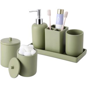 Resin 6 Pcs Green Bathroom Set Complete with Toothbrush Holder, Lotion Soap Dispenser, 2 Qtip Holder Dispensers,Vanity Tray,Bathroom Tumbler - Countertop Vanity Organizer - Bathroom Accessories