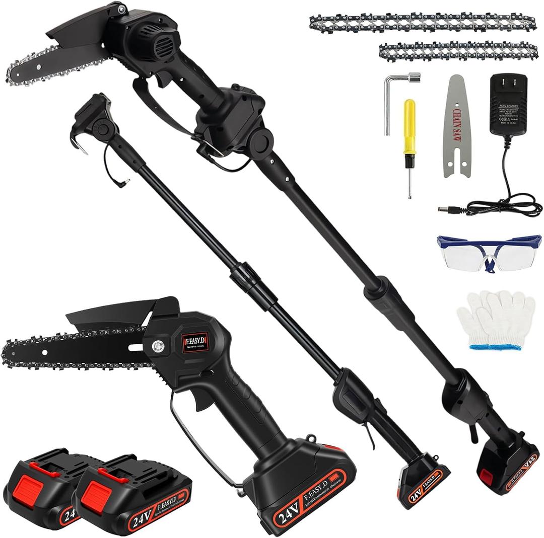ALSO GO 2-in-1 Cordless Pole Saw for Tree Trimming, 4&6-Inch Mini Electric Chainsaw with a Extension pole, 12 FT Max Reach,2x2Ah Batteries, Handheld Chainsaw & Pole Saw for Courtyard and Garden