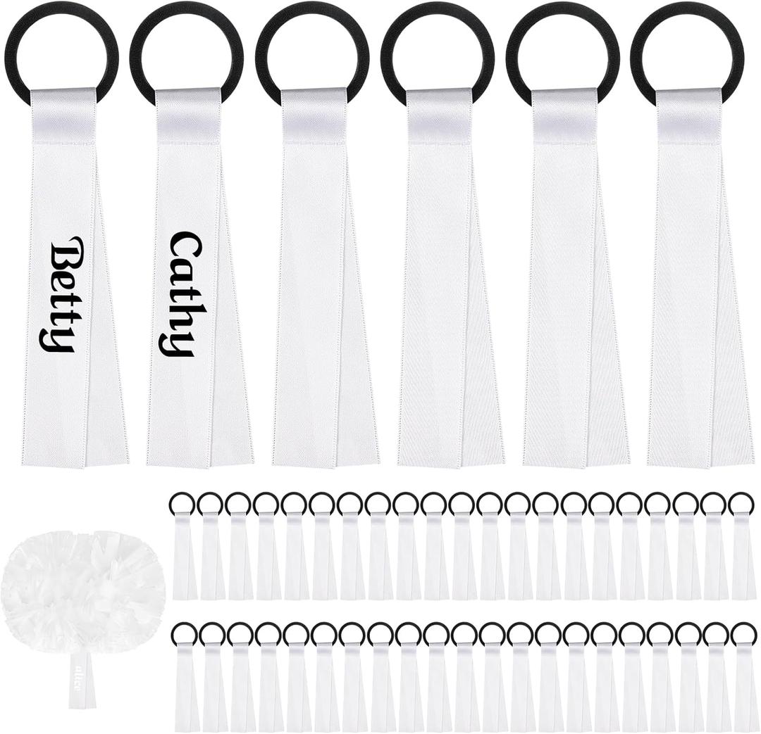 48 Pcs Cheerleader Pom Poms Name Tags Cheerleading Name Tags Ribbon Sublimation Blank Cheer Pom Tags Travel Suitcases Labels for Backpack Keychains (White)