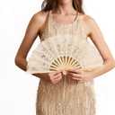 Happy Feather Lace Fan with Folding Handheld, Embroidered Flowers Pattern Hand Fans for Wedding Bridal Tea Dancing Party -Beige