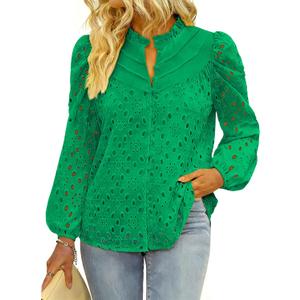 BETTE BOUTIK Women's Long Short Sleeve Tops 2025 Dressy Casual Button Hollow Out Lace Embroidered Blouses Shirts (Green)