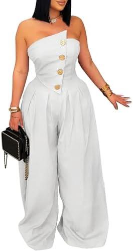 DINGANG Elegant Strapless Jumpsuit for Womens Dressy Off Shoulder Tube Top Button Wide Leg Romper Size L White