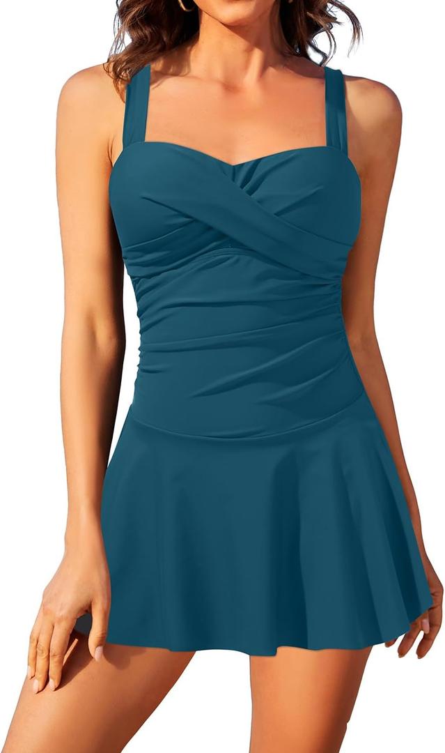Aqua Eve One Piece Swim Dress Tummy Control Swimsuit with Skirt Modest Bathing Suit Vintage Swimdress (Large, Teal)