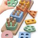 PEBIRA Montessori Toys for 1 2 Year Old, Wooden Sorting and Stacking Toys for Toddlers, Baby Shape Sorter and Color Stacker Blocks for Toddler, Preschool Learning Toy, Gift for 12-18 Month Boys Girls