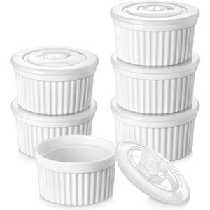 vancasso 8 oz Ramekins with Lid, Porcelain Creme Brulee Souffle Dishes, White Pudding Custard Cups Ramiken for Baking, Dishwasher and Oven Safe, Set of 6