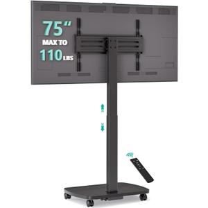 WALI Motorized Rolling TV Stand Lift on Wheels, Electric Height Adjustable Television Stand Mount with Remote for 33-75” TVs up to 110 lbs, Mobile TV Cart with Wood Base for Bedroom(TVDVD-7ER), Black