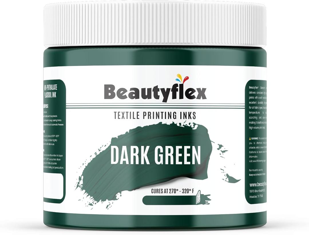 Beautyflex Screen Printing Ink DARK GREEN Plastisol Ink for screen printing - Fast Curing Painting for Cotton , Polyester and Other Fabrics , Fabric Paint for screen printing kit (8 fl oz, DARK GREEN INK)