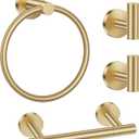 Lairuier Brushed Gold Towel Holder Set Include Double Bases Toilet Paper Holder,Towel Ring and 2 Towel Hooks Stainless Steel Wall Mounted Bathroom Hardware Accessories Set