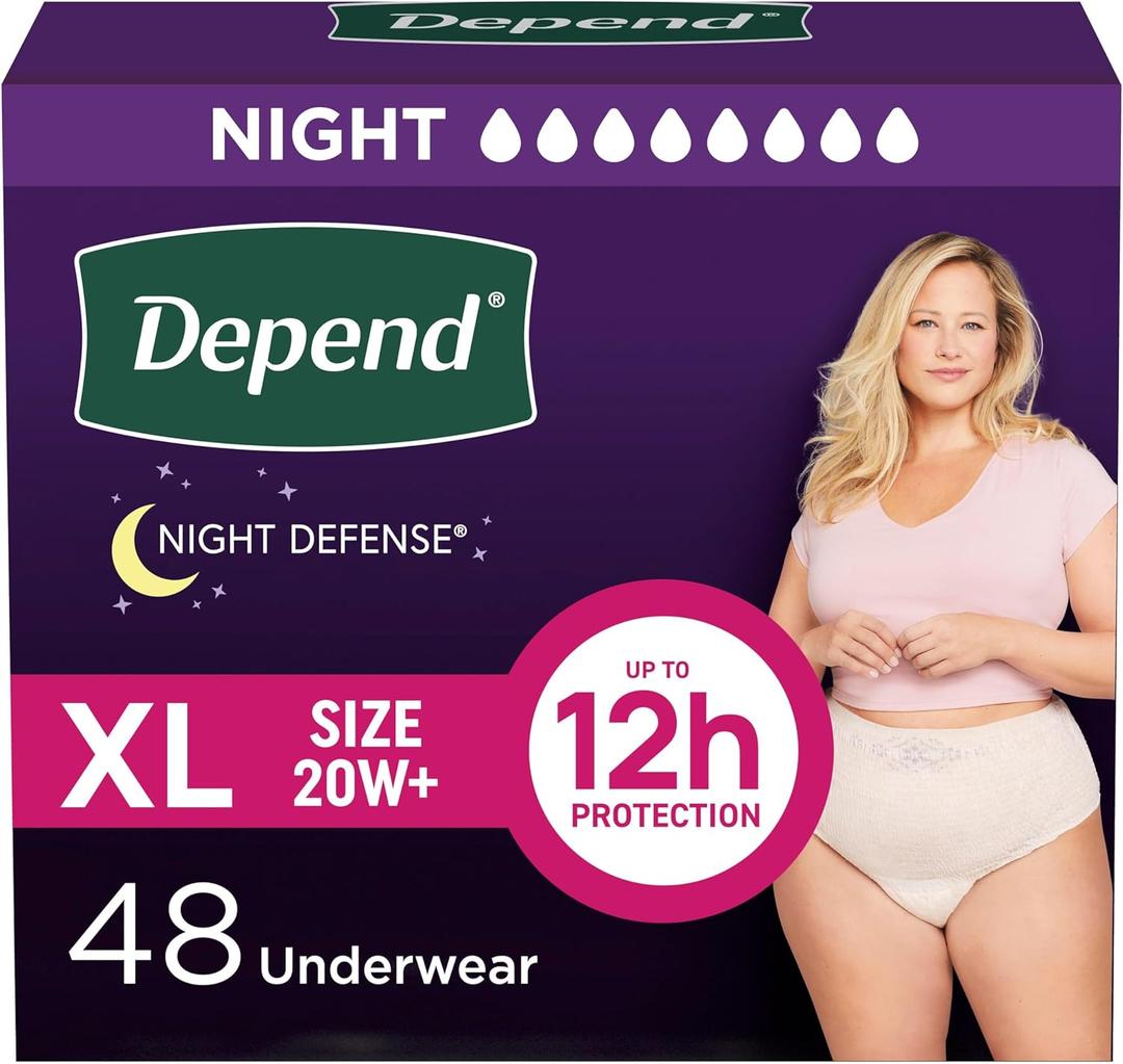 Depend Night Defense Adult Diapers, Incontinence & Postpartum Bladder Leak Underwear for Women, Disposable, Overnight, Extra-Large, Blush, 48 Count (4 Packs of 12) 