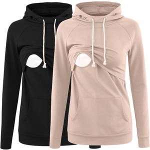 Liu & Qu Womens Nursing Hoodie Long Sleeves Sweatshirt Breastfeeding Layered Top Pocket Casual Clothes (Small, Black+apricot)