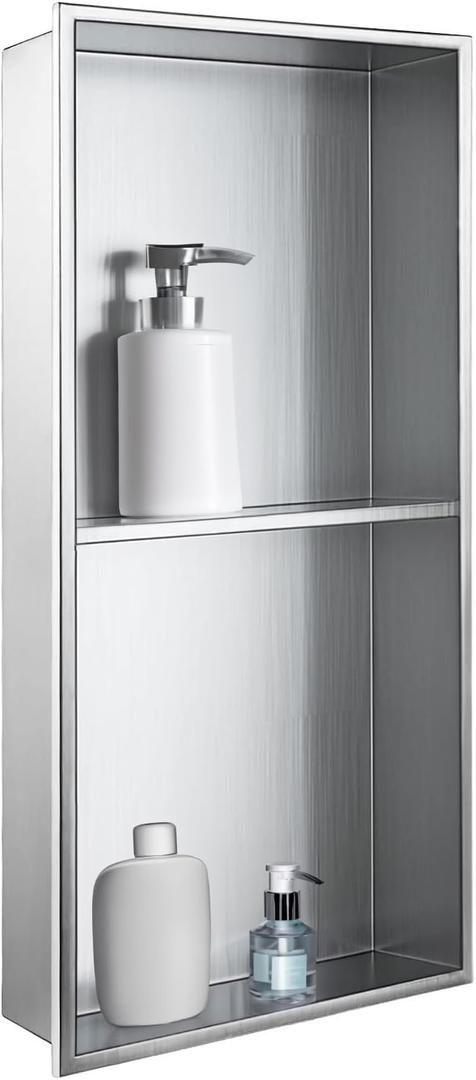 SaniteModar Shower Niche, Stainless Steel Shower Niche No Tile Needed, Recessed for Bathroom Storage (Brushed Silver, 12x24, Double)