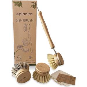 eplanita Natural Dish Brush, 3 Replacement Heads, Kitchen Eco Bamboo Scrubber Brushes, Extra Plant Sponge, Plastic Free Washing Up, Zero Waste Cleaning