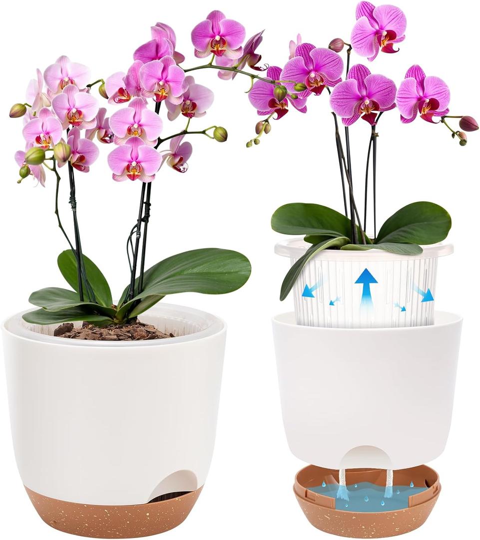 5.8 Inch Self Watering Planters for Indoor Plants with Bottom Watering,2Pack Flower Plant Pots for Outdoor with Drainage, Durable Plastic planters Pots(White), 2 Pack, 5.7IN