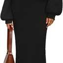 MEROKEETY Women's Fuzzy 2 Piece Outfit Winter Long Sleeve Off Shoulder Pullover Top Midi Skirt Matching Lounge Sets (Black, M)