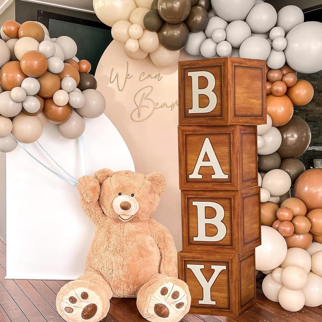 Baby Shower Decorations Baby Boxes with Letters, 4pcs Wood Brown Baby Blocks with Printed Letter, Gender Reveal Decorations, Woodland Baby Shower Girl Boy,Teddy Bear Theme Party