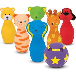 Melissa & Doug K's Kids Bowling Friends Play Set and Game with 6 Pins and Convenient Carrying Case Indoor Outdoor Bowling Set, Soft Plastic Animal Pins, for Ages 2+
