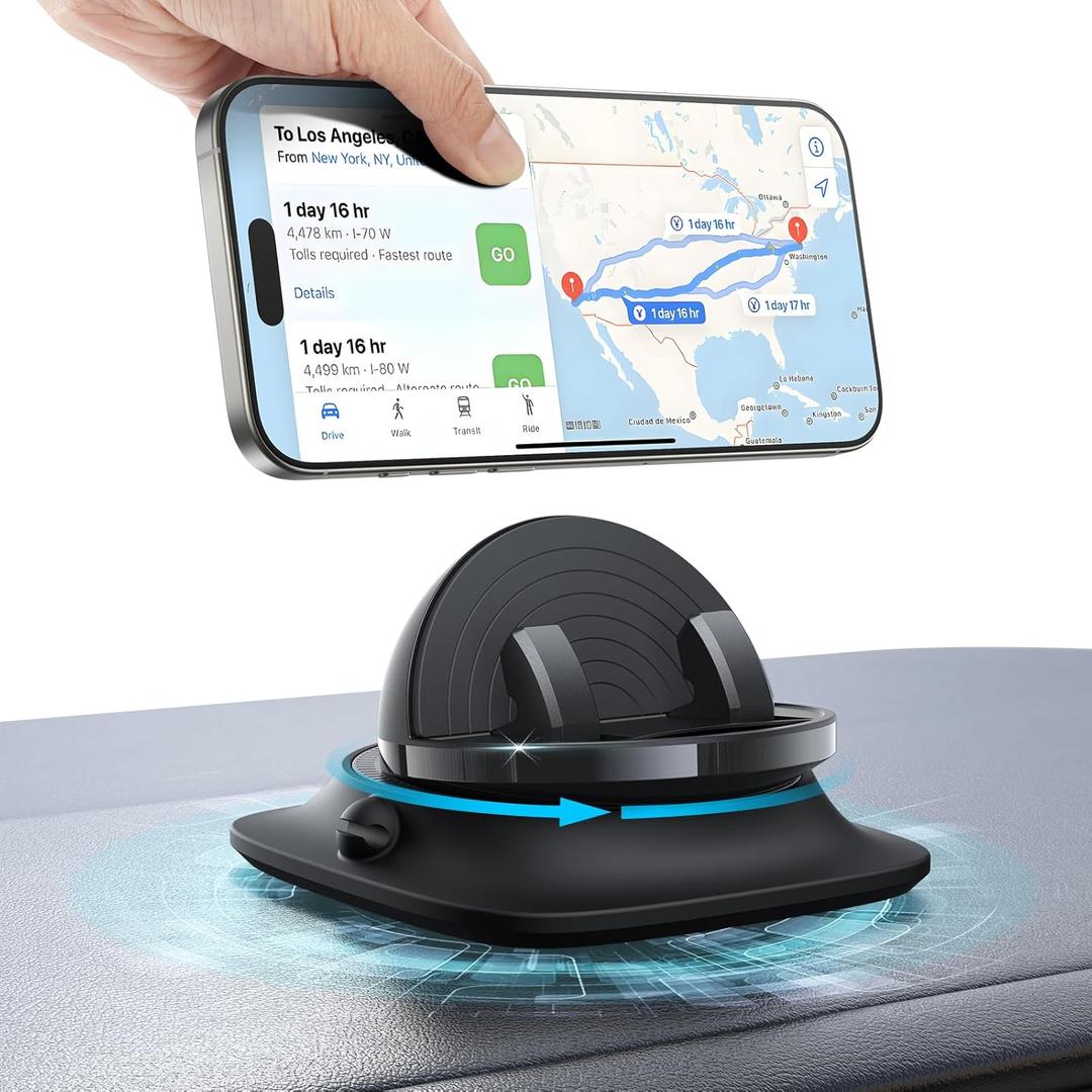 OMOTON 360Rotating Car Phone Holder Mount, Adjustable Spring Dashboard Cell Phone Holder, Front Rear Adjustable Phone Holders for Your Car for iPhone 17 Pro Max Air, All Smartphones- Black