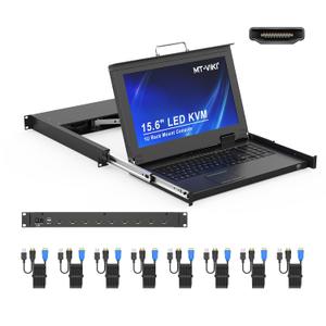MT-VIKI Rack Mount KVM Console w/15.6" LCD Monitor, 8 Port HDMI KVM Switch, 1920x1080@60Hz 1U Integrated Monitor Keyboard, Fits 18.9" to 31.5" Deep Racks (480-800mm), Included 8 Cables