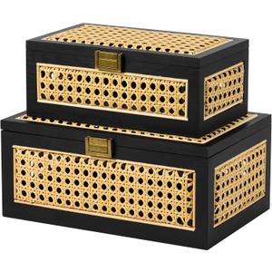 2PCS Rattan Storage Boxes Decorative Handmade Natural Wood Baskets with Lid Wooden Frame Boho Rustic Wicker Box Woven Cane Bins Shelf Closet Organizer Container (Black, 1 Large 1 Small)