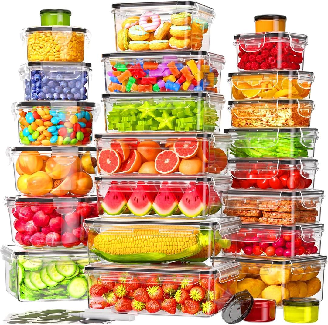 50 PCS Food Storage Containers with Lids Airtight (25 Containers & 25 Lids), 100% Leak Proof Meal Prep Container for Kitchen, BPA-Free Plastic(Polypropylene5), Microwave/Dishwasher Safe, Labels & Pen
