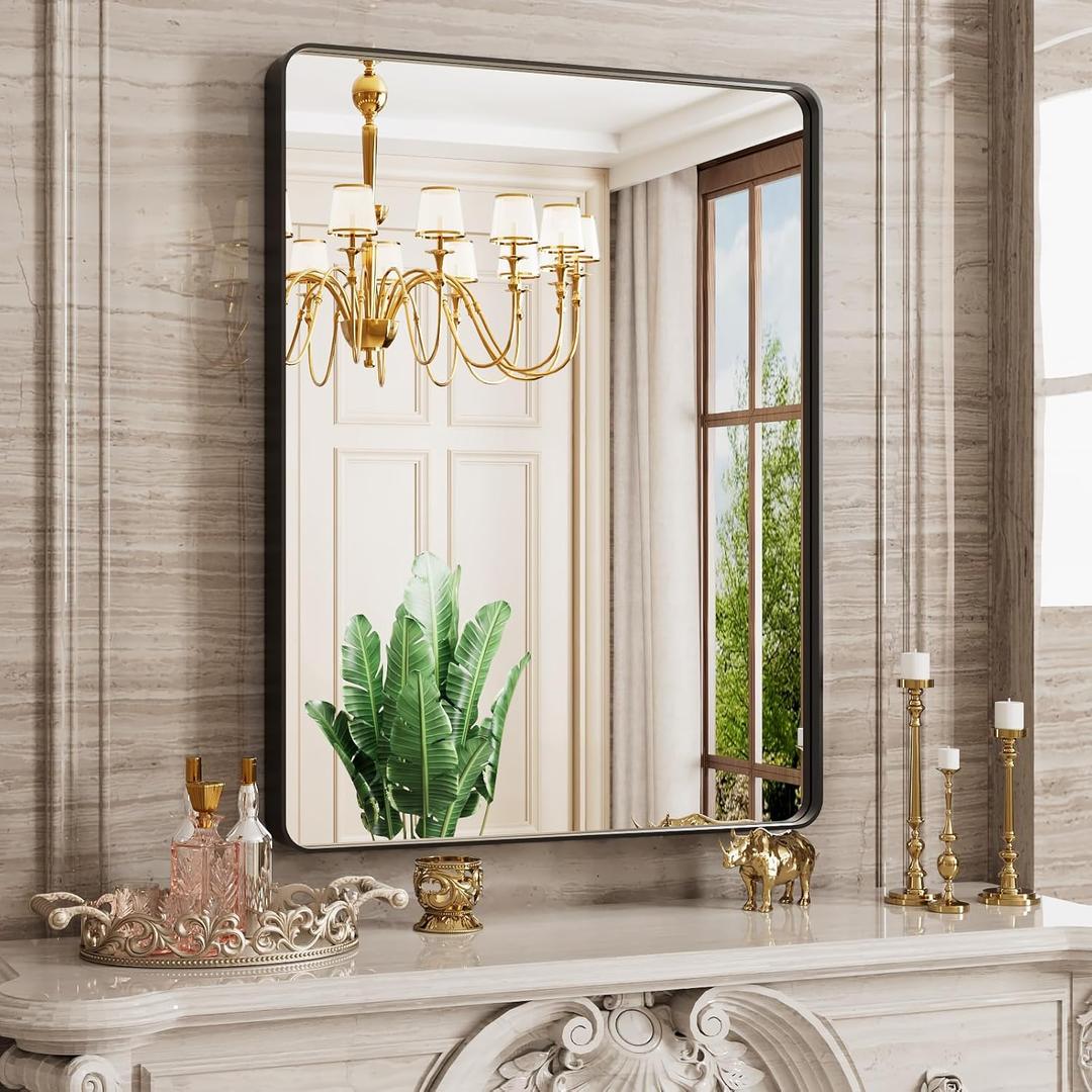 Black Bathroom Mirror 24X36 Inch, Black Metal Framed Mirror for Wall, Rounded Rectangle Matte Bathroom Vanity Mirror with Tempered Glass, Anti-Rust, Horizontal/Vertical, Black