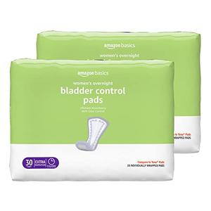 Amazon Basics Incontinence Pads for Women, Postpartum, Bladder Management, Overnight Absorbency, Unscented, with Odor Management, 60 Count (2 Packs of 30)