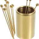 Amosfun 10pcs Stainless Steel Cocktail Picks Stick with Holder, Fruit Picks Skewers Dessert Picks Cocktail Stirrer Gold