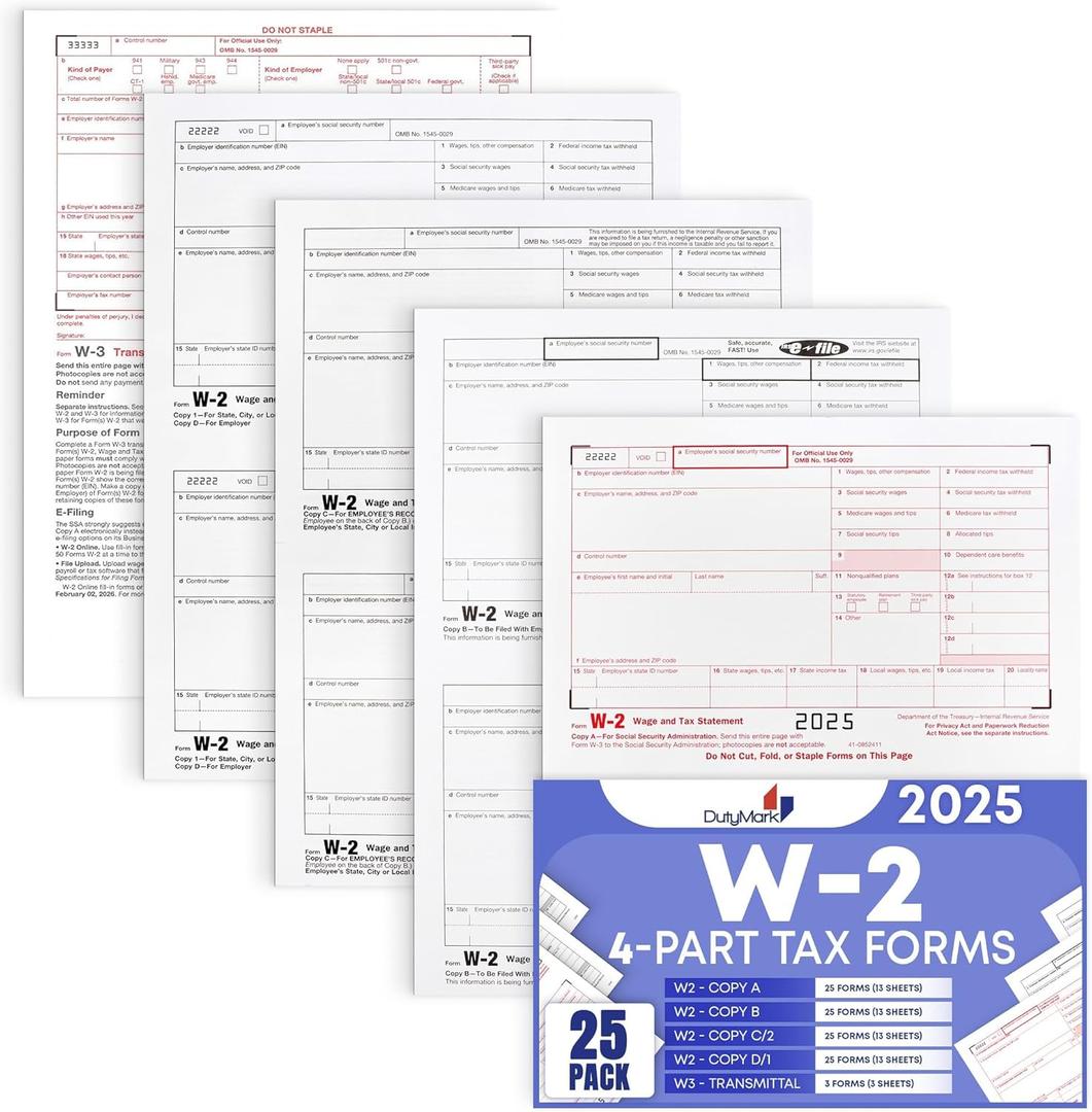 W2 Tax Forms for 2025 4 Part, IRS-Compatible 4 Part W2 Tax Forms for 25 Employees - Kit of Laser Forms with 3 W3s, Compatible with Quickbooks Software & Laser, Inkjet Printers,