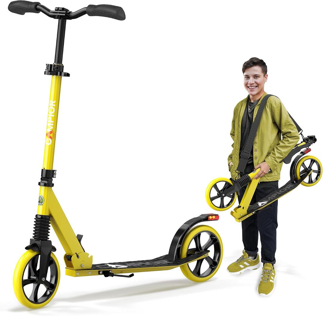 Campior Kick Scooter for Ages 6+, for Kids, Teens, and Adults, Max Load 240 LBS, Foldable, 8-inch Big Wheels for Kids and Adults, with Kickstand, 3 Adjustable Levels, Child Safety Approved, Yellow