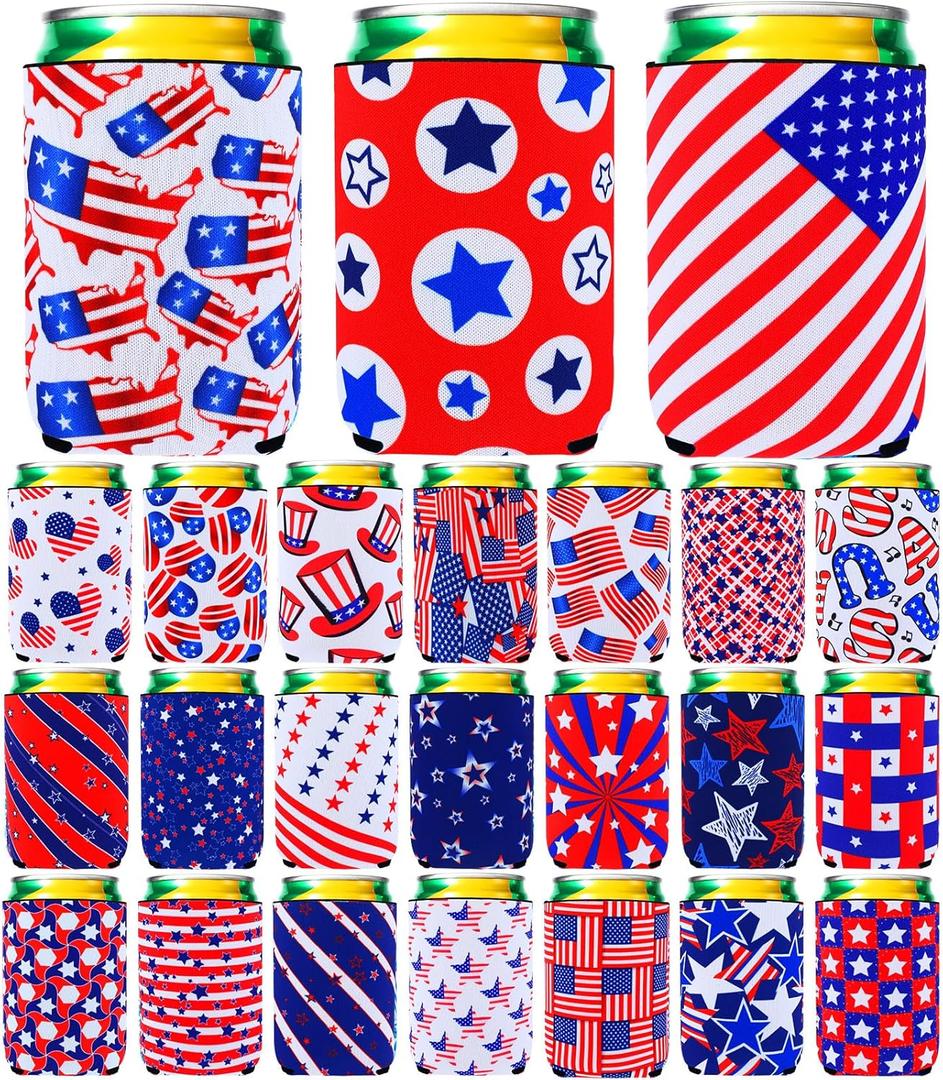 Tioncy 24 Pcs 4th of July Slim Can Sleeves Independence Day Can Cooler Patriotic Skinny Insulators American Flag Neoprene Insulated Slim Cooler for 12 oz Beverage Bottle(Flag Style,5.12 x 3.94 Inches)