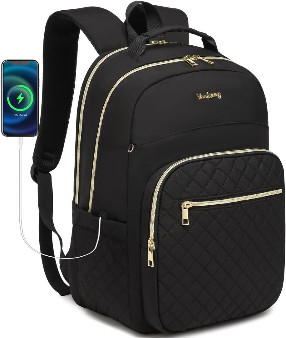 Laptop Backpack Women School Backpack for High School Teen Girls, Water Resistant College Bookbag with Charging Hole for Travel Work, Black (15.6in)