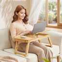 SONGMICS Bed Laptop Desk, Folding Bed Tray for Laptop up to 15.6 Inches, Adjustable Angle and Height, Portable for Working Reading Writing Breakfast, Bamboo, Drawer, Light Bamboo ULLD01N