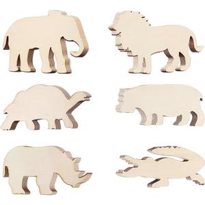 30 Pack Unfinished Wood Animal Cutouts - Jungle Crafts Wood Elephant, Rhino, Lion, Hippo, Crocodile, Turtle Cutouts to Paint Wooden Safari Animal Hanging Ornaments DIY Gift Tags