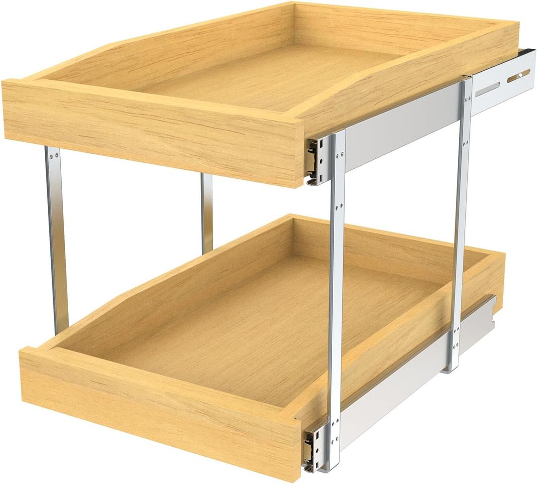 2 Tier Pull Out Cabinet Organizer, 20"W x 21"D Solid Wood Heavy-Duty Base Bottom Assembly Slide out Drawer Shel Cabinet Organization for Kitchen, Pantry, Bathroom