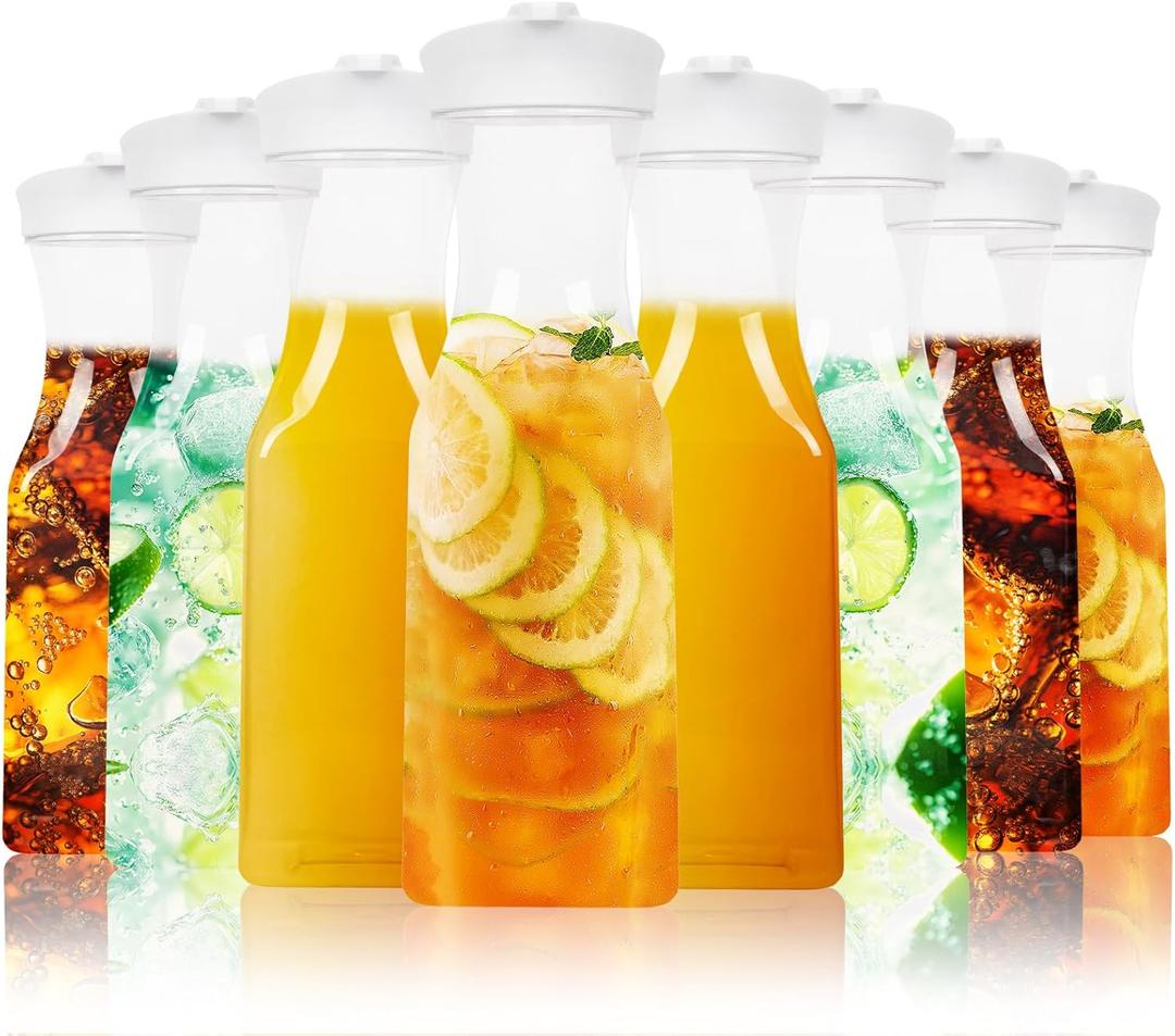Set of 8 Plastic Carafe with Lid, 1 Liter Carafes for Mimosa BarLarge Square Base Juice Containers, Water Bottle, Milk Container, Clear Beverage Containers for Fridge
