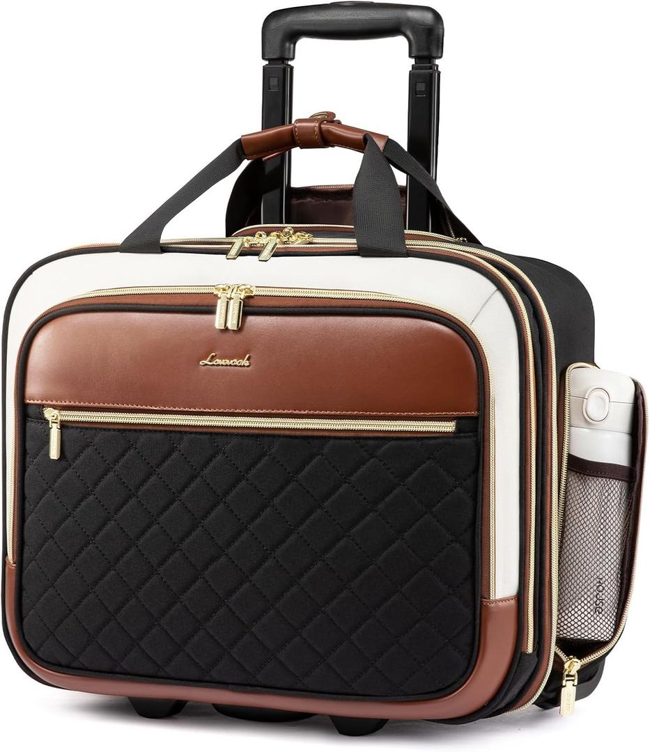 LOVEVOOK Rolling Laptop Bag Women, 17.3 Inch Laptop Briefcase with Wheels, Soft Sided Underseat Carry On Luggage Personal Item Suitcase for Work Travel Business, Black Brown Beige