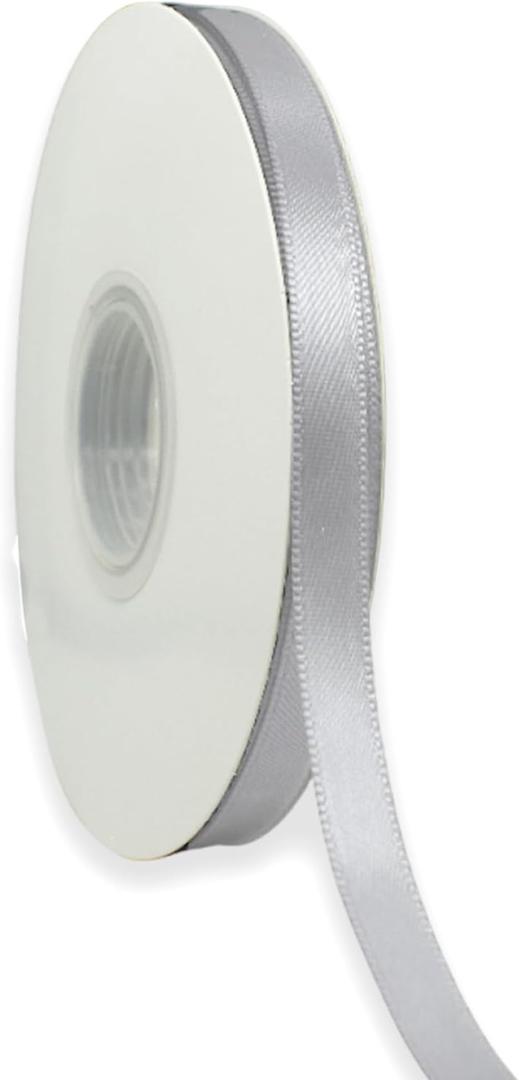 Silver Ribbon 3/8 Inch x 50 Yards Satin Ribbon Continuous, Single Face, for Crafts, Gift Wrapping, Floral Bouquet, Weddings, and Decorations, with Spool