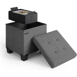 STORAGEBUD Storage Ottoman Cube with Small Bin, 16-in Square Ottoman with Storage for Living Room and Bedroom, Small Ottomans Foot Rest, Fabric Foot Stools Ottomans Max 330lbs, Grey