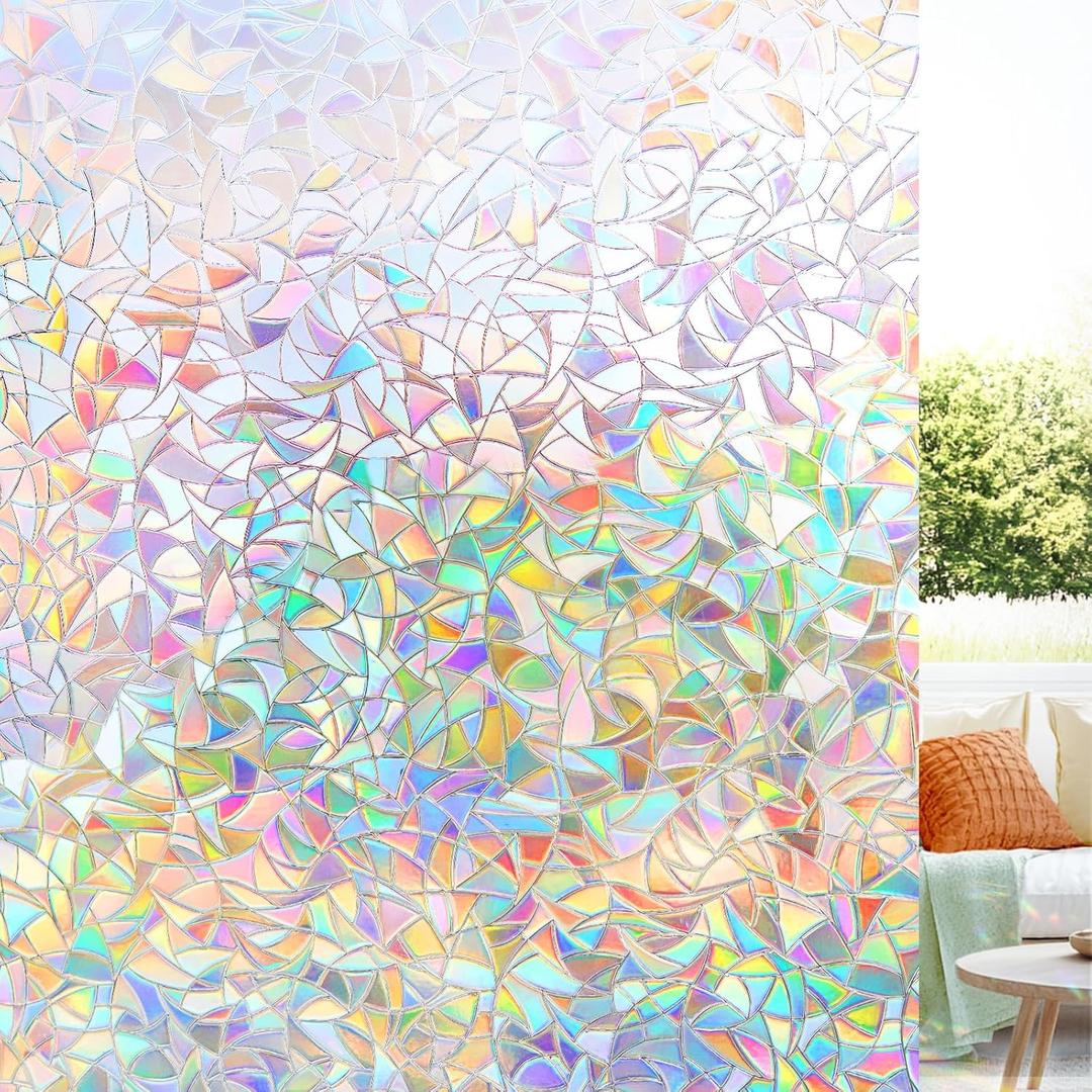 LUTE Window Privacy Film, Rainbow Window Film, 3D Decorative Stained Glass Cling, Non-Adhesive Vinyl Static Cling Removable Glass Stickers, Sun UV Blocking Decal Covering for Home, 11.8 x 78.7 inches (Clear)