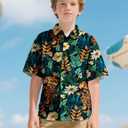Yoimira Hawaiian Shirts for Boys, Button Down Short Sleeve Tropical Print, Kids Summer Beachwear Tops 7-14 Years (Green)
