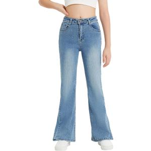 EXARUS Girls Flare Jeans Bell Bottom Teen Denim Pants Flared Ripped Cute Bootcut Mid Rise Elastic Band Pockets Kids (Blue)