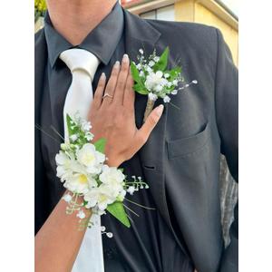 Rinlong Lily of the Valley Corsage and Boutonniere Set Wrist Corsage & Groom Boutonniere for Men Artificial Flowers for Wedding, Prom, Homecoming