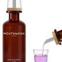 Amber Glass Mouthwash Dispenser for Bathroom by Brighter Barns - Refillable Mouthwash Container and Glass Cup - Modern Mouth Wash Dispensers for Bathroom - Boho Decor for Office, Airbnb, Hotel (Amber)