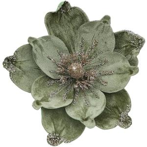 6Pcs Glitter Christmas Magnolia Flowers 9.5 Inch Large Artificial Poinsettia Flower Ornament for Christmas Tree Wreath Garland Wedding Holiday Party New Year Decoration (Green)